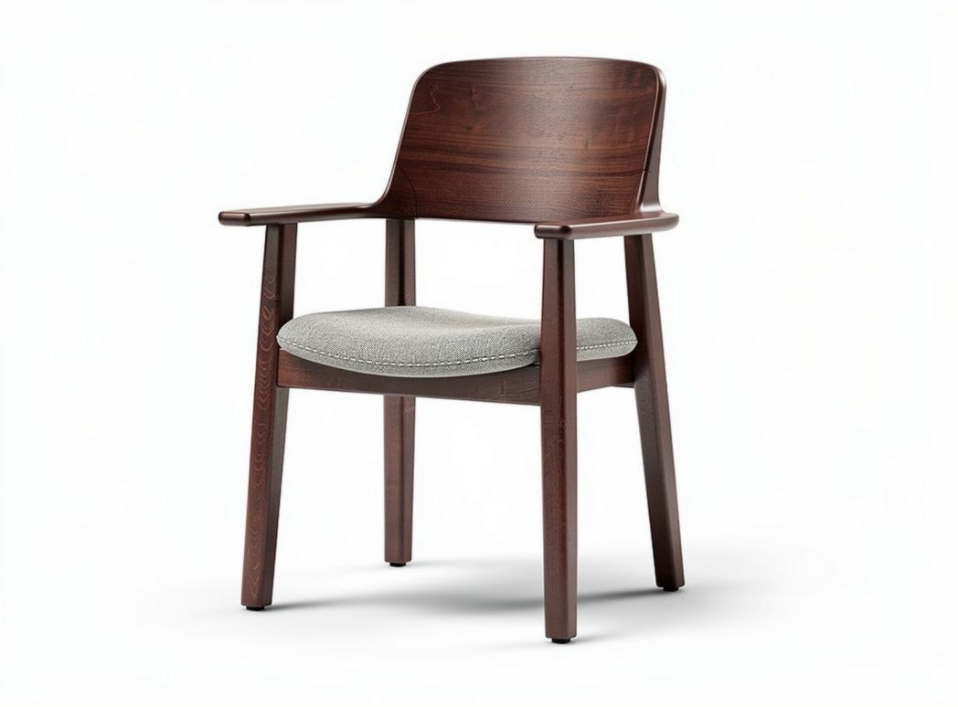 Wooden dining chair with gray upholstered seat and curved backrest 45 x 55 x 80cm
