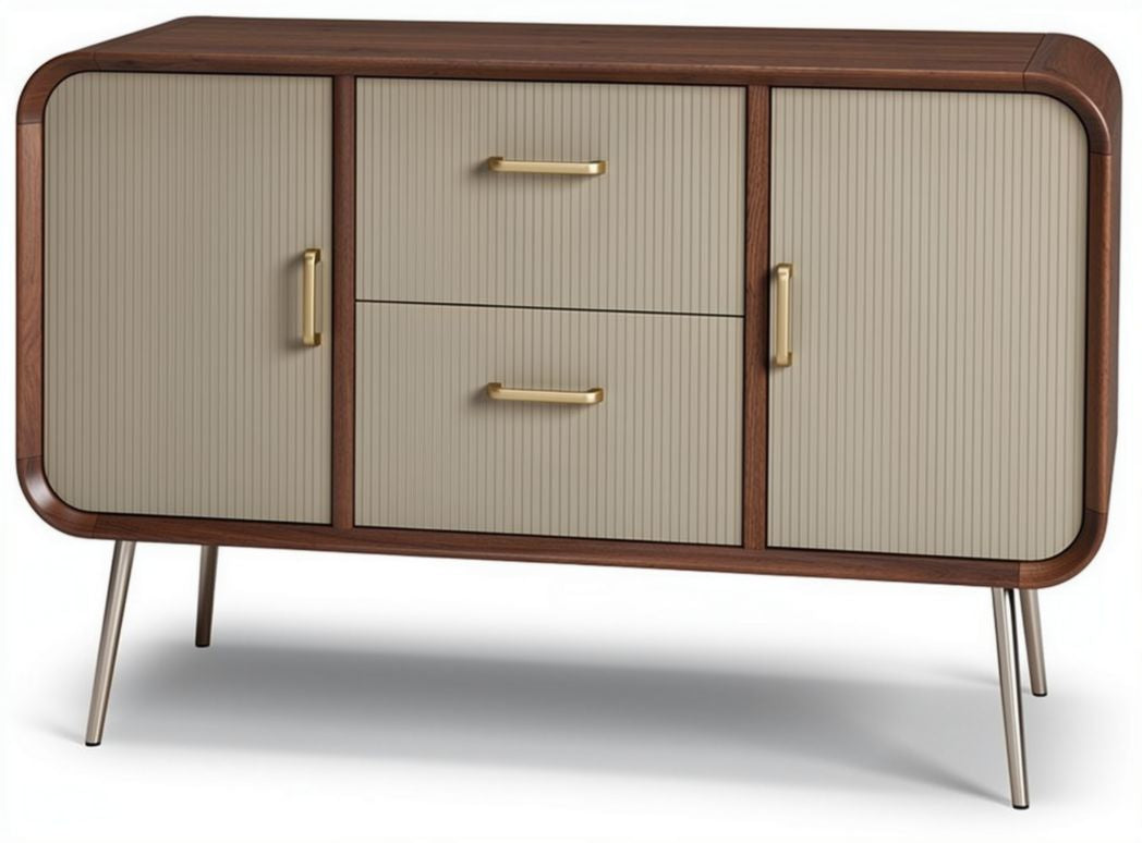 Wood and beige sideboard console with three drawers and metal legs 90 x 40 x 75cm
