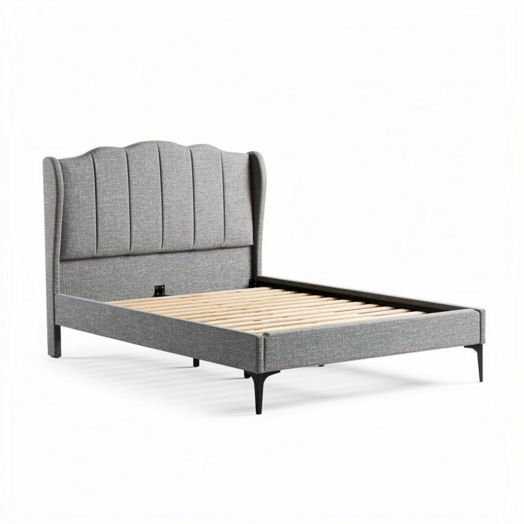 Gray upholstered bed frame with slatted base and metal legs 200 x 160 x 100cm