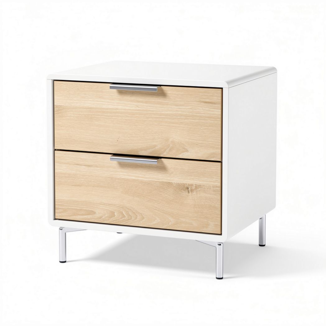 Modern nightstand with two drawers in white and natural wood finish 45 x 40 x 40cm