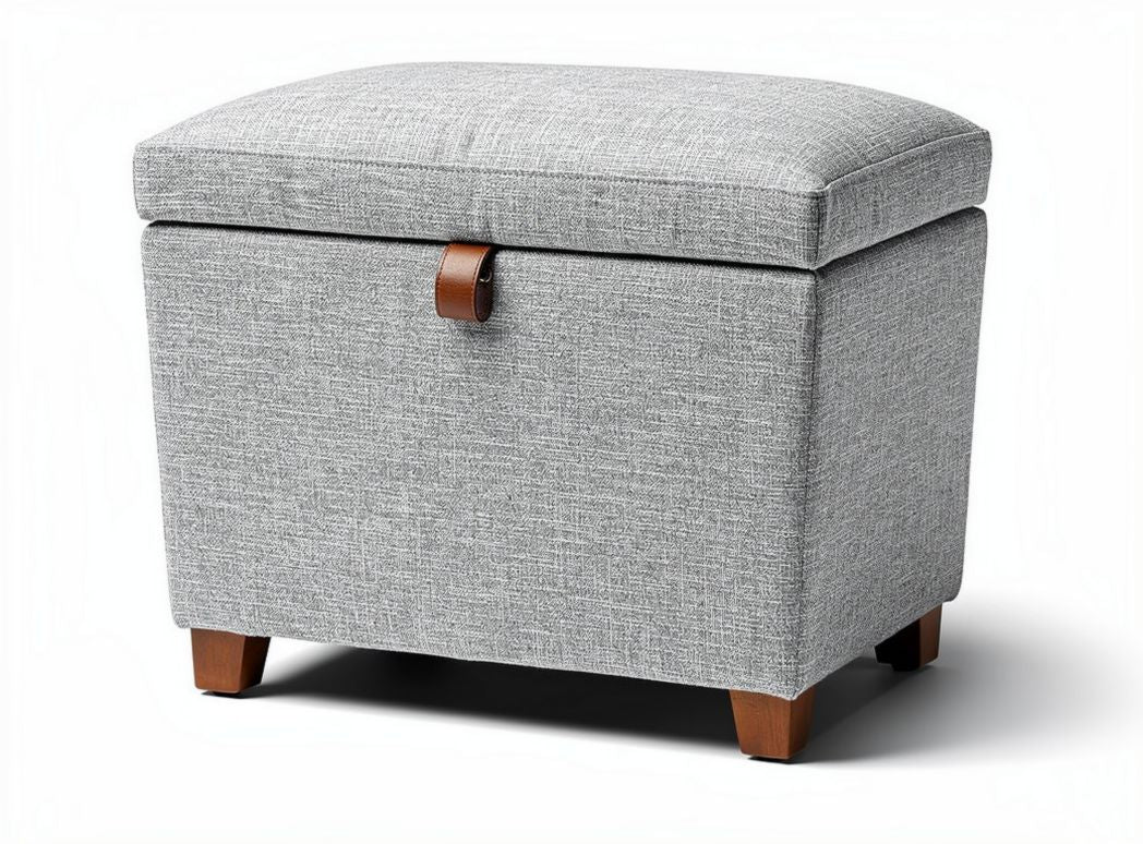 Fabric storage ottoman with leather accents and soft gray upholstery 50 x 40 x 40cm