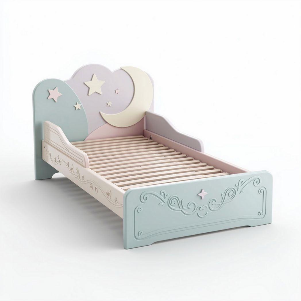 Children's bed with moon and star design in pastel colors 140 x 70 x 60cm