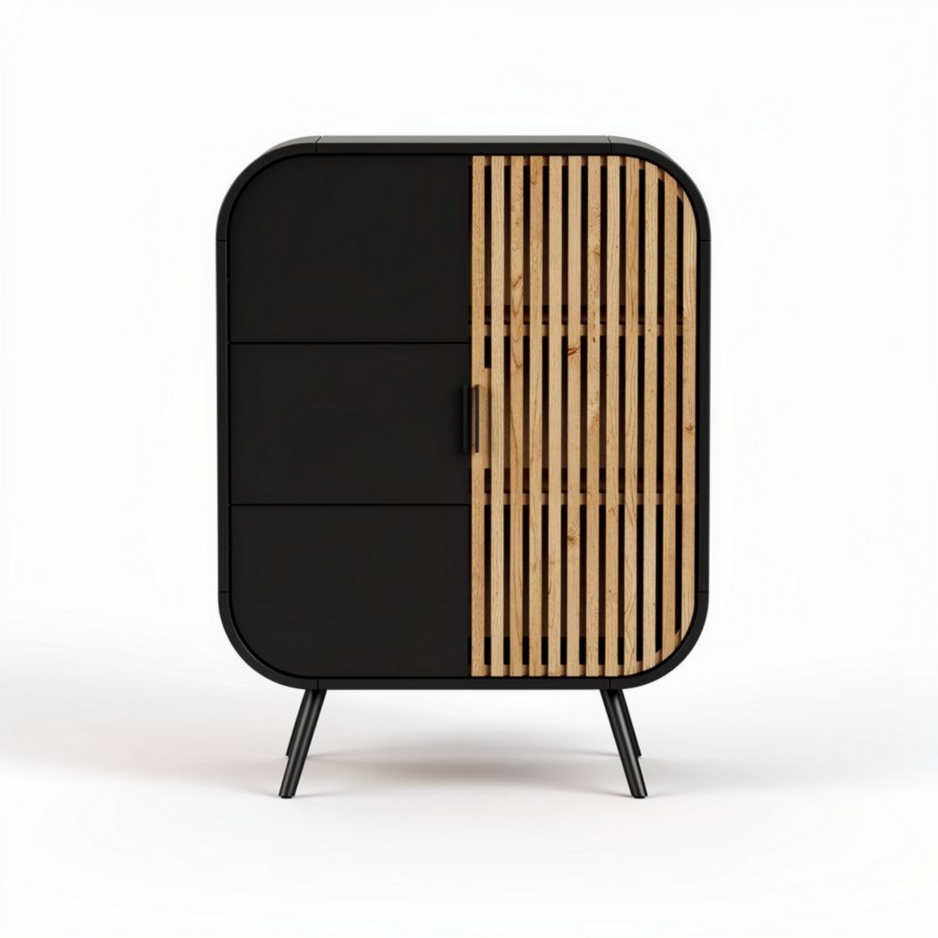 Wood and metal storage cabinet with slatted door black and natural wood finish 80 x 40 x 100cm
