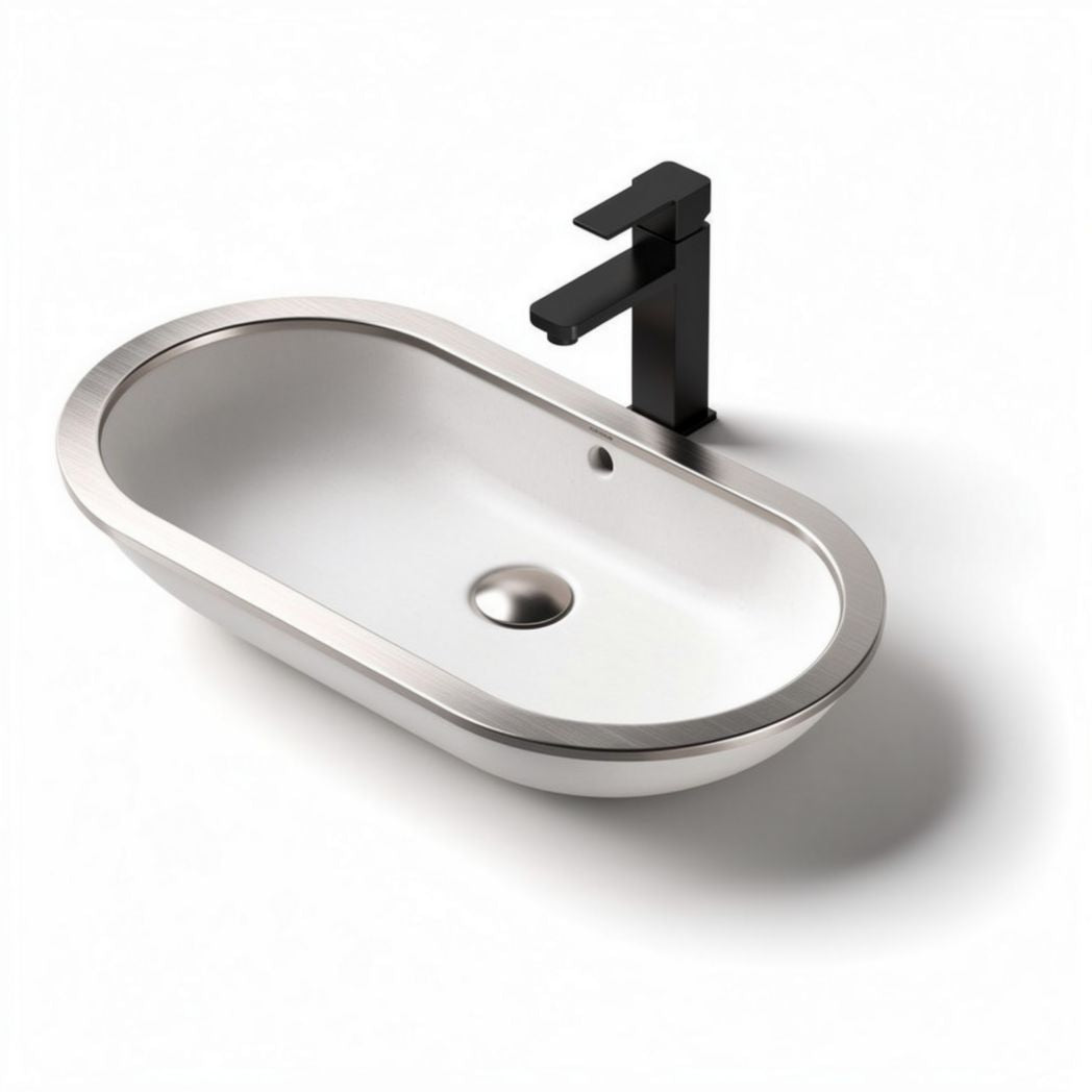 Oval ceramic sink with stainless steel rim and modern black faucet 100 x 50 x 20cm