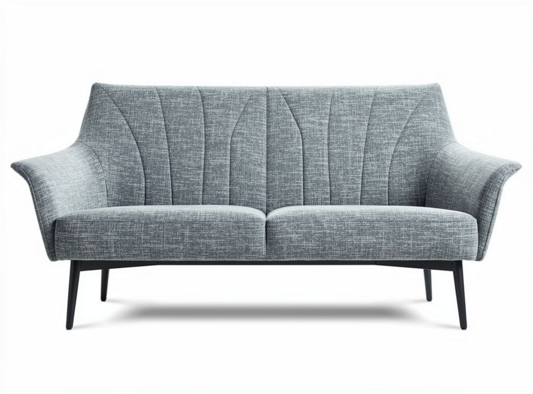 Two-seat sofa in gray fabric with modern design and black metal legs