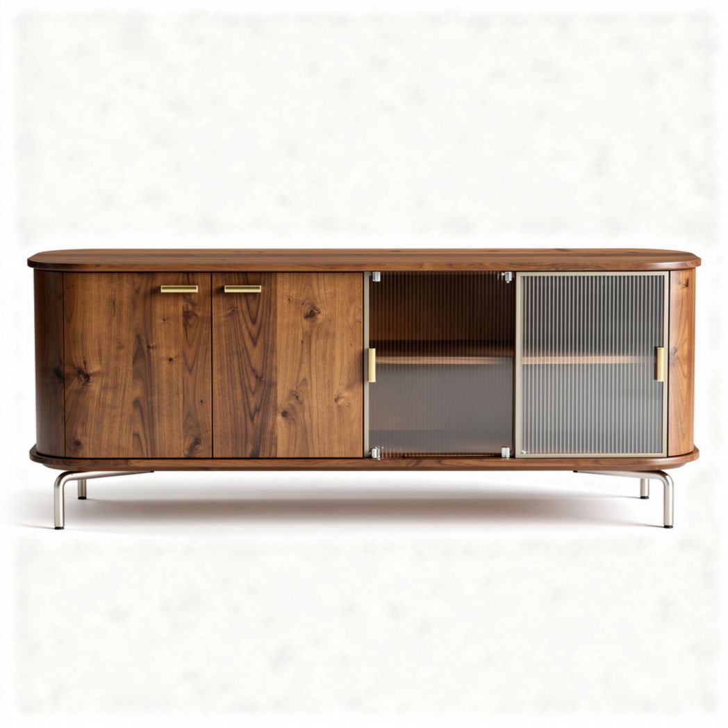 Wooden media console cabinet with glass doors and metal legs 150 x 45 x 60cm