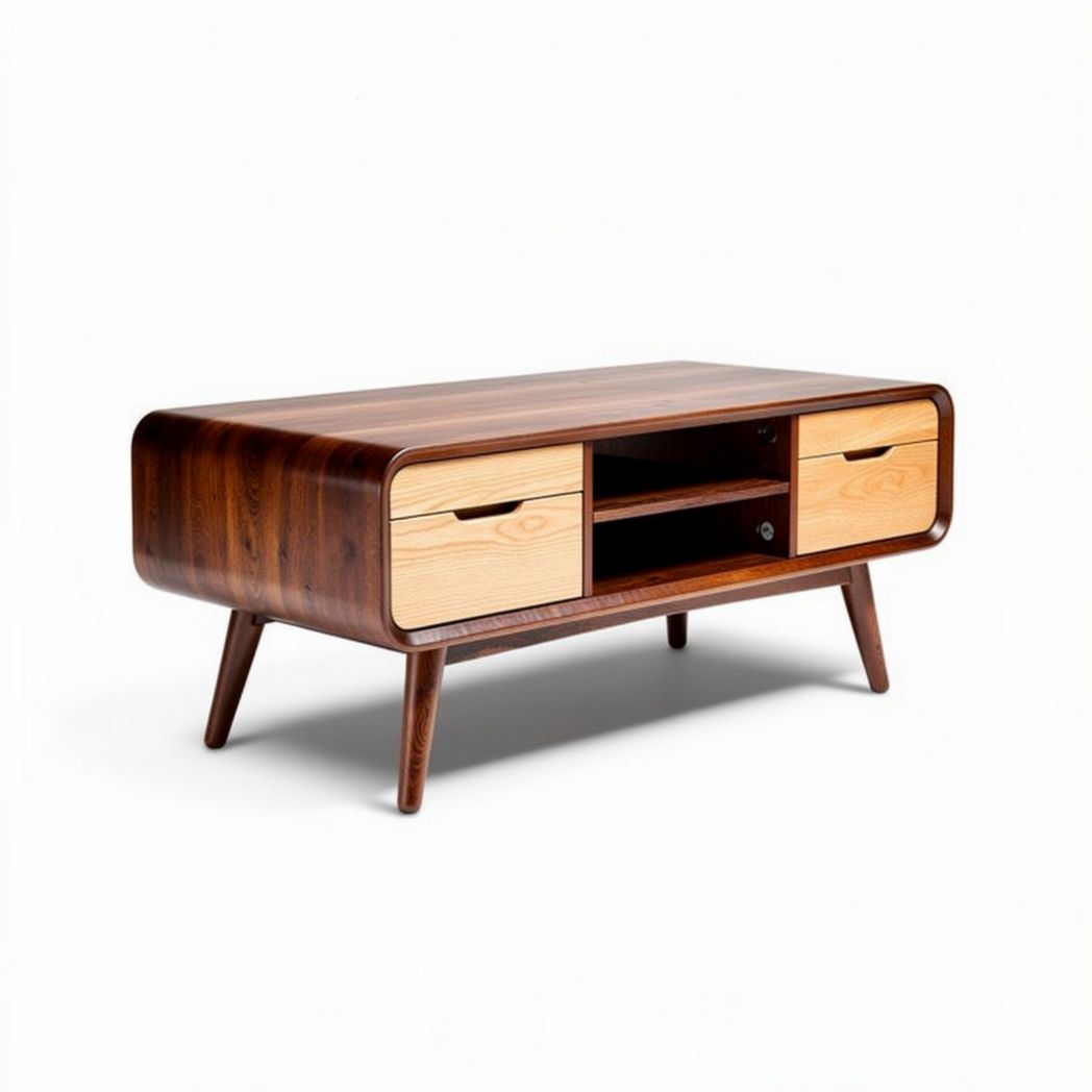 Wooden coffee table with two drawers and open shelf in walnut finish